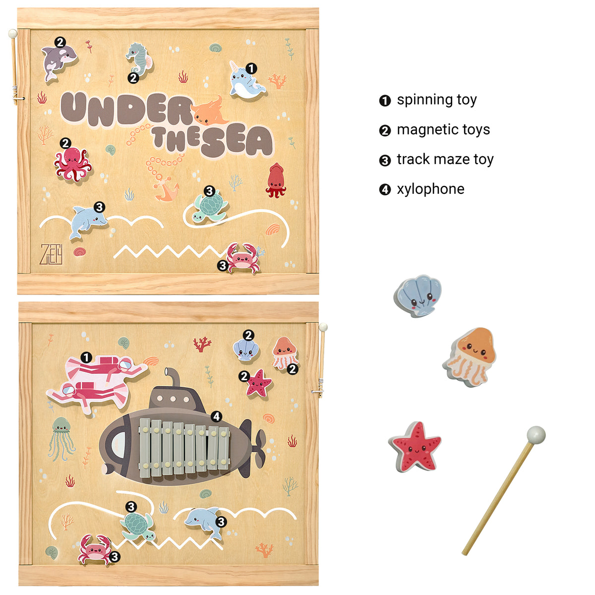 Wooden baby playpen with Under the Sea themed built-in toys, ZETY